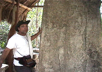 Ian Xel Lungold at the Mayan Calendar Stone Coba, Mexico