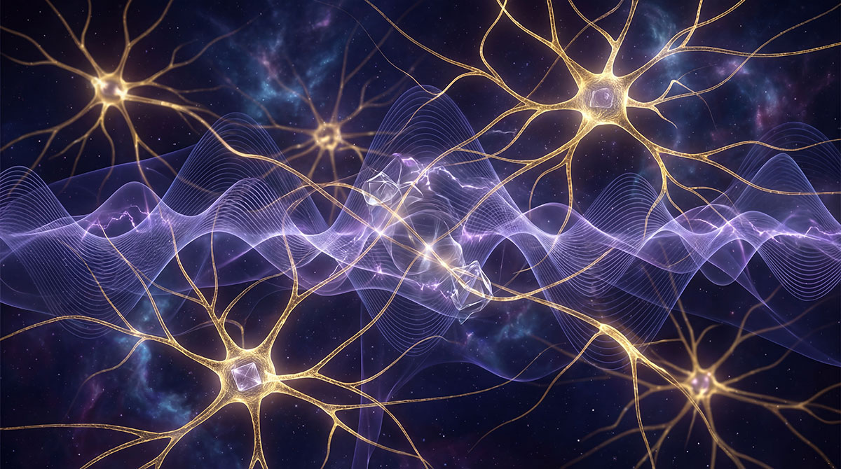 Neural networks merging with cosmic quantum wave patterns, representing the connection between consciousness and universal intelligence