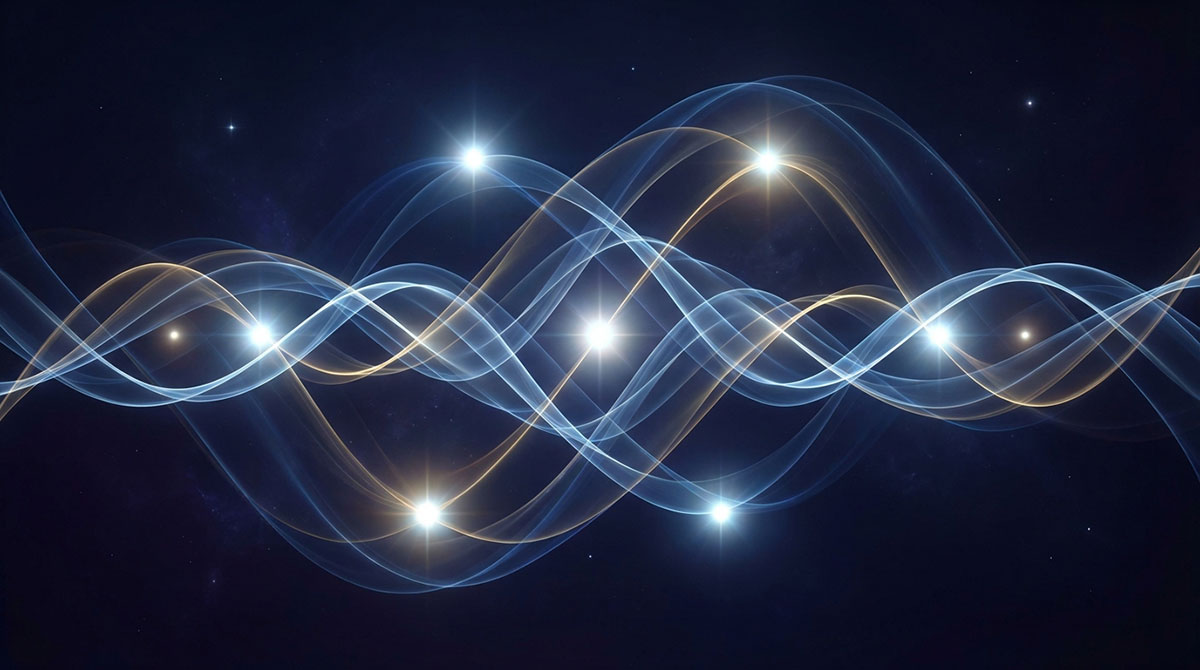Quantum entanglement visualized as interweaving wave patterns with nodes of light, representing Bohm's implicate order
