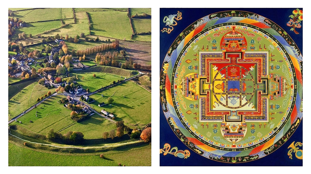Avebury stone circle aerial view beside a Tibetan sand mandala