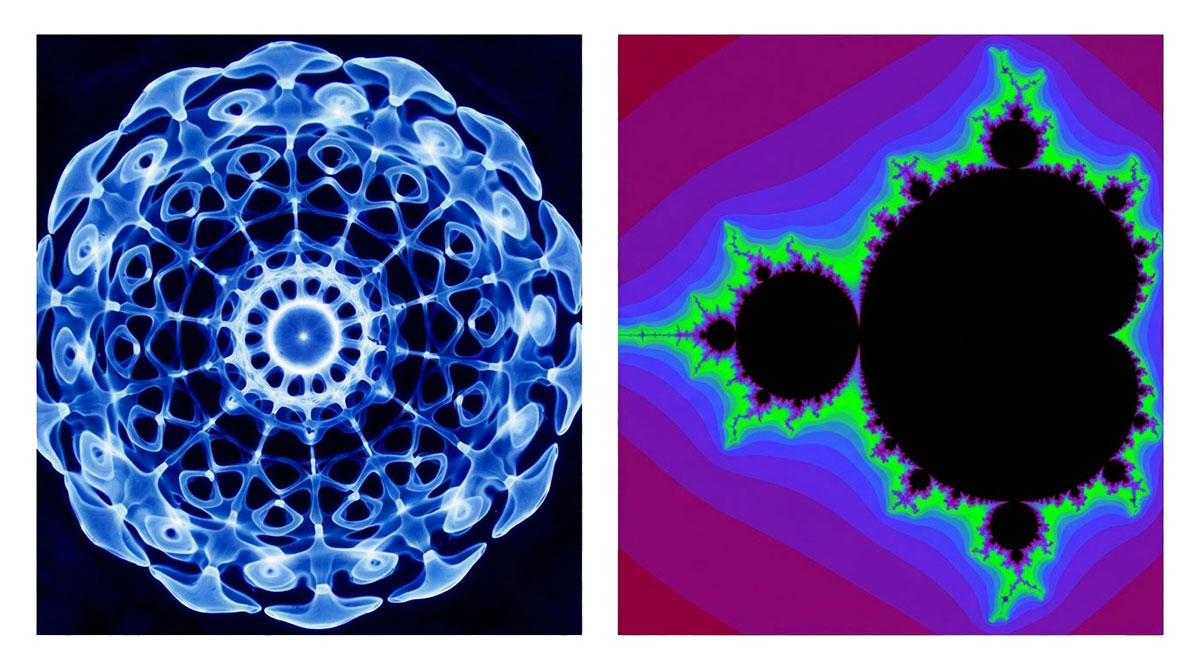 Cymatics geometric pattern beside a colored Mandelbrot fractal image