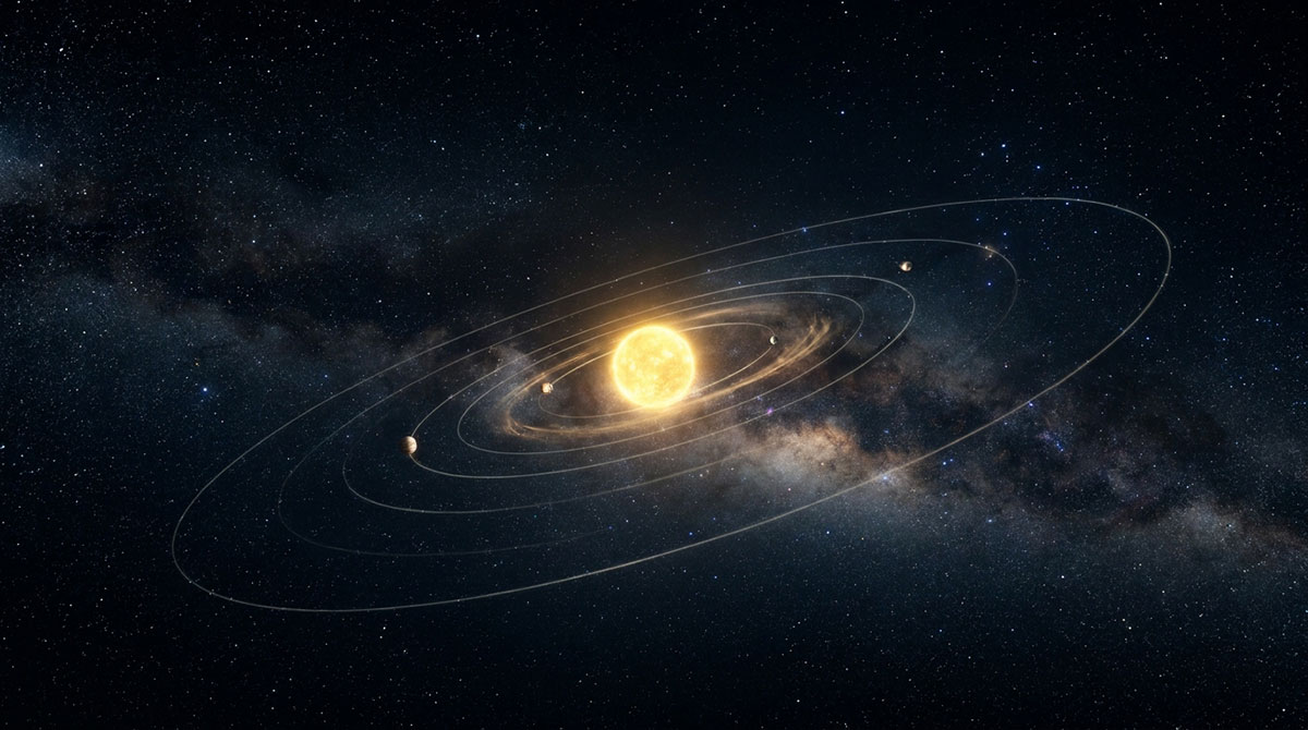 Illustration of the solar system moving through the Milky Way with planets orbiting the Sun