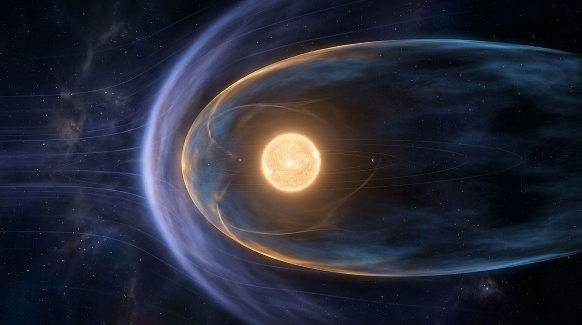 The Sun surrounded by a glowing heliosphere bubble moving through interstellar gas and dust