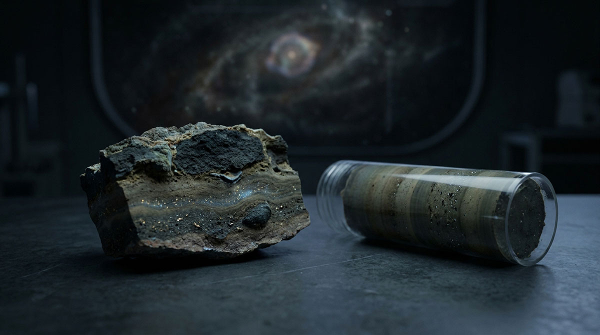 Deep-sea crust sample glowing with symbolic traces of cosmic isotope particles