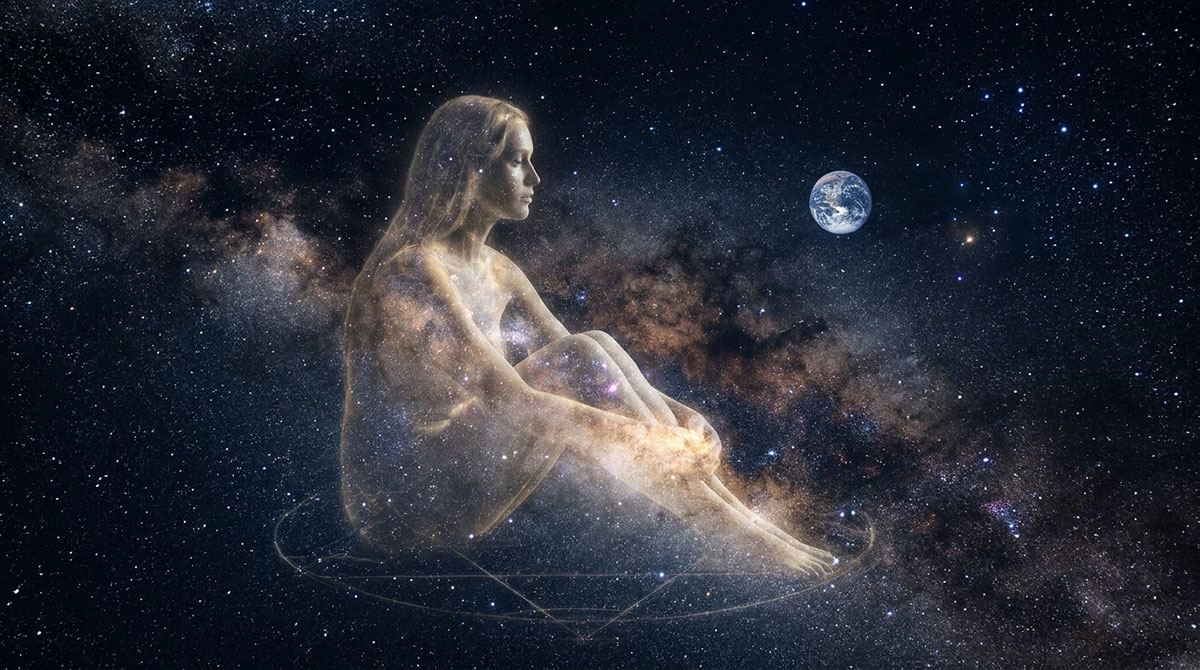 Symbolic image of Sophia as a luminous figure beside a mapped Milky Way and Earth