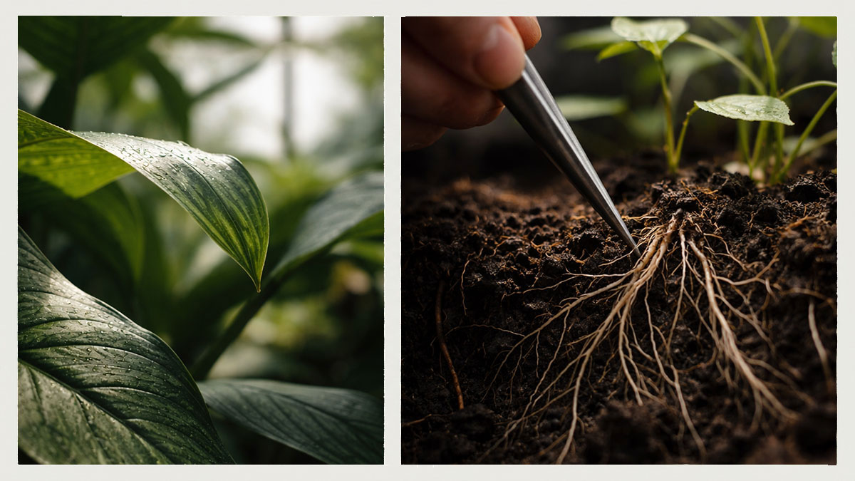 Plant roots spreading through dark soil with nodules and fine branching structures