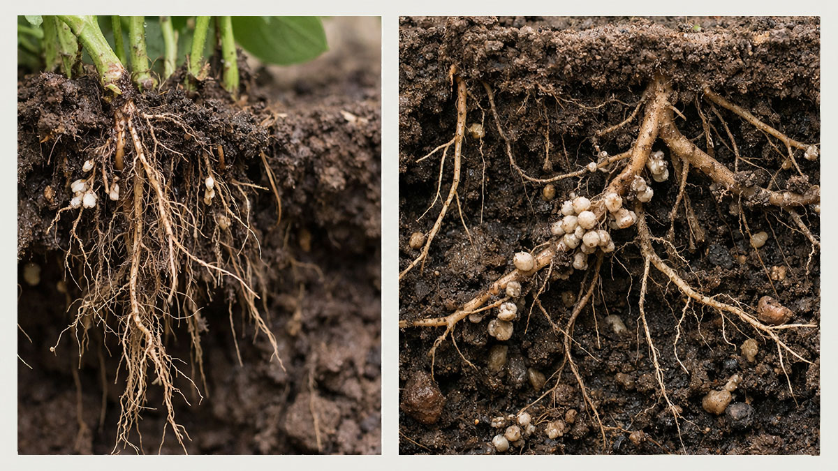 Broad leaves with water droplets beside an exposed root system being examined