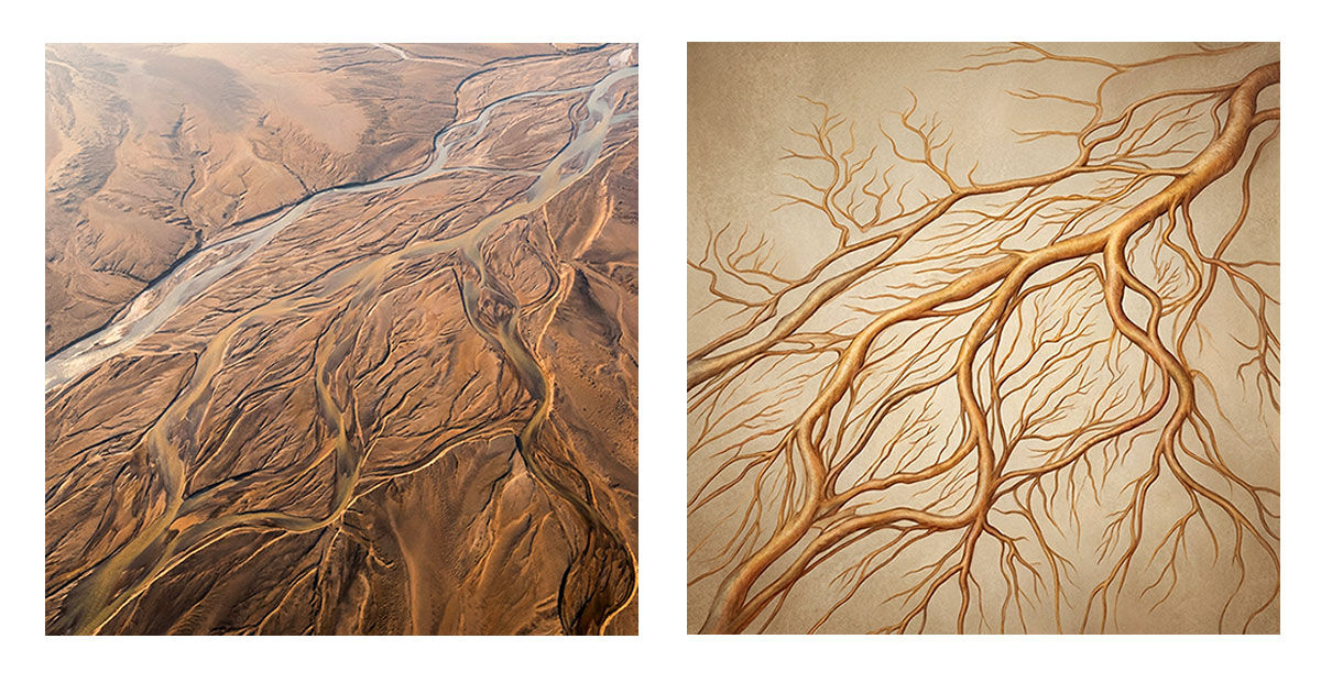 Split composition showing aerial river delta with branching channels on left and cosmic web filaments connecting galaxy clusters on right, both in warm earth tones
