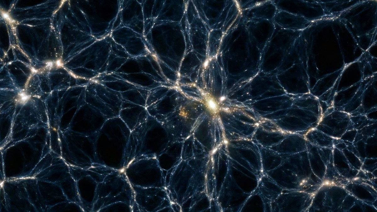 Scientific visualization of the cosmic web showing glowing filaments of matter connecting galaxy clusters with dark voids between them across hundreds of millions of light-years