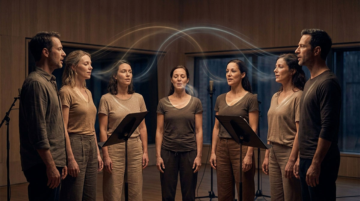 A choir or ensemble singing together with subtle visual motifs of breath, rhythm, and shared timing