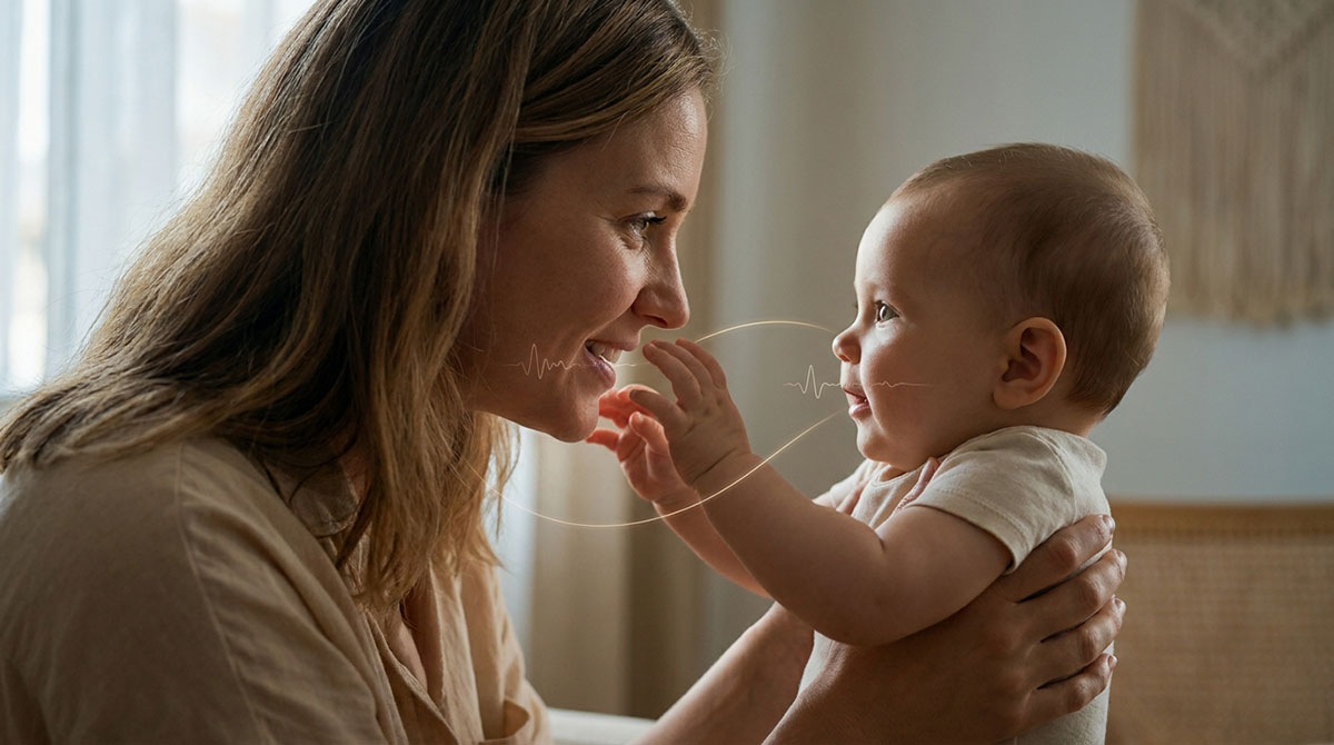 A caregiver and infant in gentle face-to-face interaction with subtle visual emphasis on gaze, touch, and timing