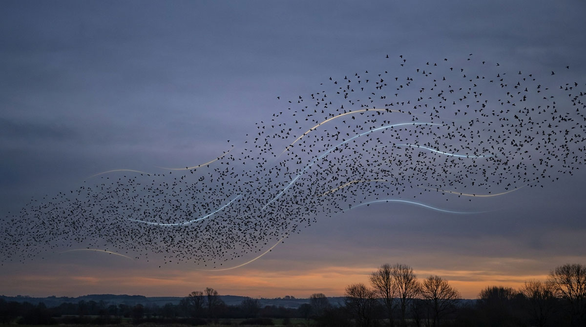 A starling murmuration, fish school, or synchronized fireflies showing collective biological coordination