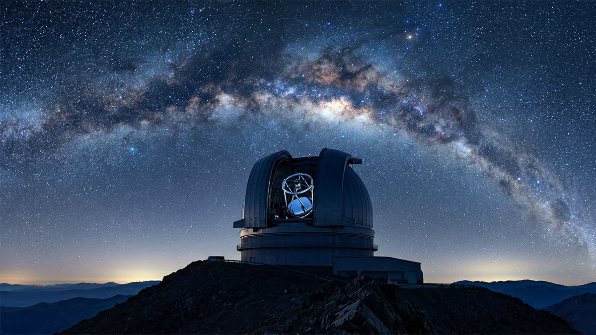 An observatory dome open beneath the Milky Way — a wide-field telescope surveying the entire night sky