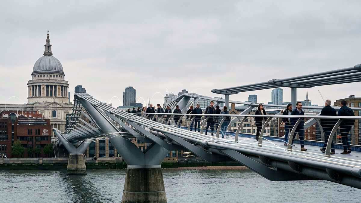 Pedestrians crossing the Millennium Bridge in London, with St Paul's Cathedral and the Thames visible in the background