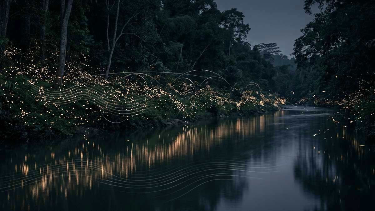 Long-exposure photograph showing synchronized fireflies flashing in unison along a forest riverbank at night in Southeast Asia